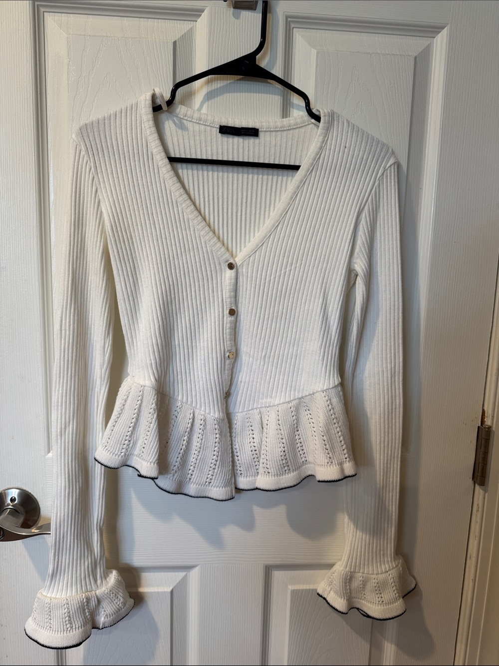 ZARA Size Small White Ribbed Peplum Button Cardigan